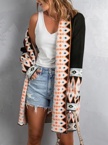 ebossy Women's Fashion Aztec Print Jacquard Knit Open Front Cardigan Lapel Long Sleeve Boho Graphic Long Sweater Coat3