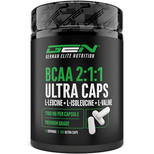 BCAA Ultra Caps - 365 Kapseln mit hochdosierten 1100 mg pro Kapsel - Optimales 2:1:1 Verhältnis - Leucin, L-Isoleucin, L-Valin - Verzweigtkettige essentielle Aminosäuren