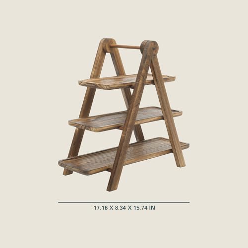 Image of Gibson Home Truss Peak 3 Tier Serving Tray for Party, 18 inch Acacia Wood Cupcake /Charcuterie /Dessert Farmhouse Tiered Platters with Collapsible Wood Rack
