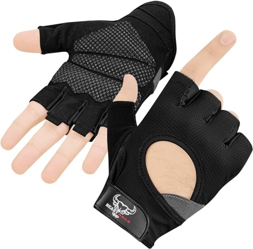 BEAST RAGE Guantes de Fitness parlevantamiento de Pesas para Hombres y Mujeres, Transpirables,Antideslizantes,Acolchados de Silicona,Guantes de Gimnasio Entrenamiento Ciclismo (L, Negro)