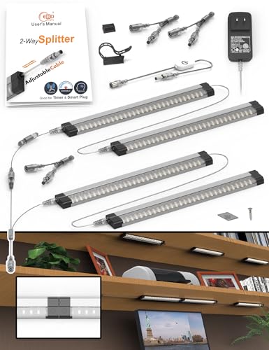EBD Display Cabinet Lights Built-in Adjustable Cable for Kitchen 2-Way Splitter Touch Under Counter Lighting 4 Panels 1800 Lm 6500K Energy Super Bright Shelves Light Closet Bookcase & Shelf