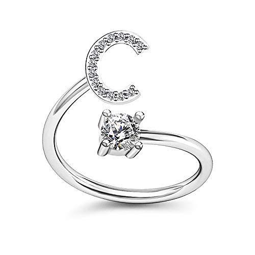 Image of HUJUON Silver Initial Letter Ring for Women. Adjustable Crystal Alphabet Ring,Name Initials Stackable Knuckle Rings A-Z CZ Open Ring