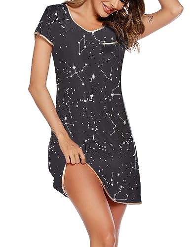 Image of Ekouaer Womens Nightgown Sleep Shirt Dress Satin Patchwork Short Sleeve Sleepwear with Pocket