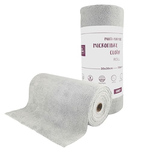 IDEA HOME Paños de Limpieza 50 Unidades por Rollo, Paños de Limpieza de Microfibra 30x30cm, Bayetas Microfibra Arrancables, Paños Reutilizables sin Pelusa para el Coche, la Cocina y el Hogar, Gris