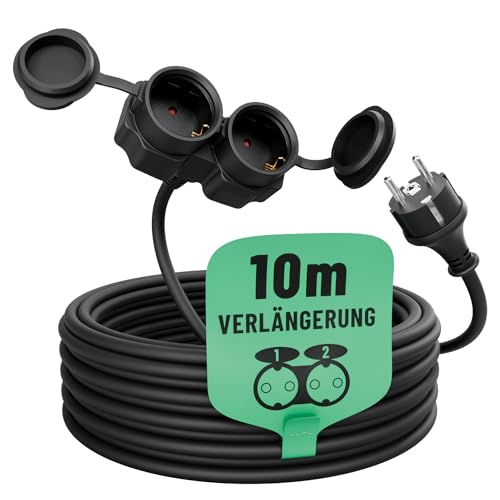 greate 2fach Verlängerungskabel außen 10 Meter wasserdicht IP44-2 Fach Mehrfachsteckdose Verlängerung draußen Schuko 10m 3500W - Outdoor Extension Cord Waterproof für Aussenbereich