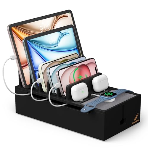 Pezin & Hulin Charging Station for Smartphones and Tablets, Bamboo Cable Cord Organizer Box, Multiple Devices Charger Dock Cables Management for Desk (No Power Hub Supply) - Black