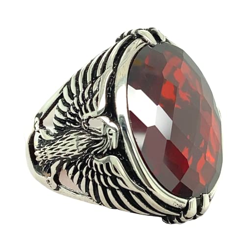 Men Handmade Eagle Ring, Ruby Stone Ring, Silver Red Ruby Stone Ring, 925k Sterling Silver Ring, Handmade American Eagle Mens Ring