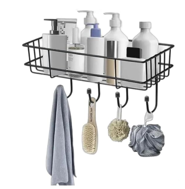 Image of Metal Storage Shelf with Hooks, Wall-Mounted No-Drill Self-Adhesive Rack for Bathroom & Home Organization, Multipurpose Shelf Organizer, Set of 2
