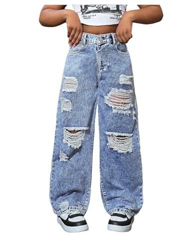 OYOANGLE Girl's High Rise Streetwear Ripped Baggy Jeans Wide Leg Casual Distressed Denim Pants
