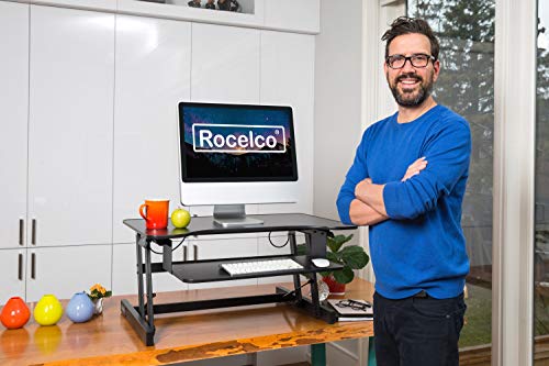 Rocelco 32" Height Adjustable Standing Desk Converter - Quick Sit Stand Up Dual Monitor Riser - Gas Spring Assist Tabletop Computer Workstation - Large Retractable Keyboard Tray - Black (R Adrb) #TOP5