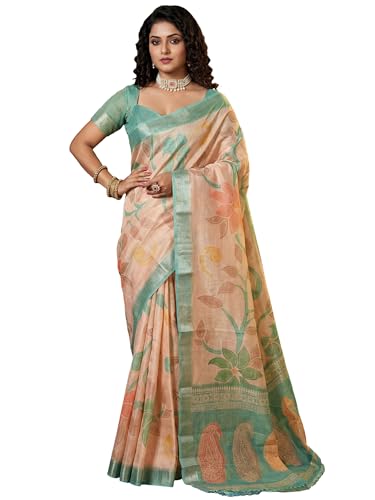 Image of AKHILAM Women's Floral Printed Handloom Cotton Silk Saree with Zari Border and Tassel Pallu Unstitched Blouse Piece | Traditional Ethnic Wear Sarees | Women saree silk | Festive Sari Women's