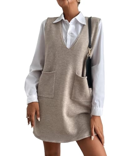 SEMATOMALA Women's Long Sweater Vest Overall Dress Oversized V Neck Sleeveless Spring Knit Shirt Short Dress AP-S Apricot