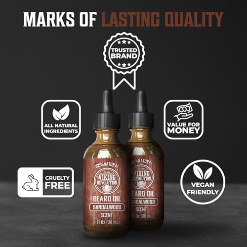 Image of Viking Revolution Sandalwood Beard Oil for Men - Natural Mens Beard Oil with Argan Oil and Jojoba Oil - Beard Softener, Strengthens and Moisturizes - Beard Conditioner for Men (Sandalwood, 2 Pack)