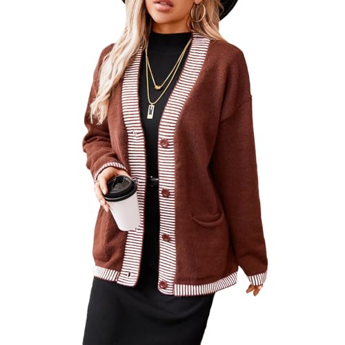 Image of Women Knitted Cardigan V Neck Button Long Sleeve Cardigan Fashion Coat with Pockets