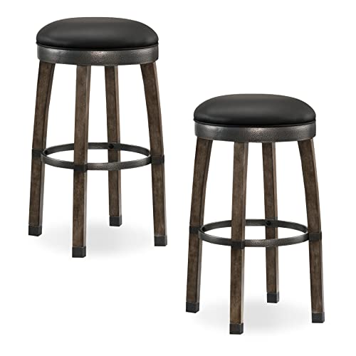 Image of Leick Graystone Wood Cask Stave Bar Stool w /Black Faux Leather Seat, Set of 2, Height