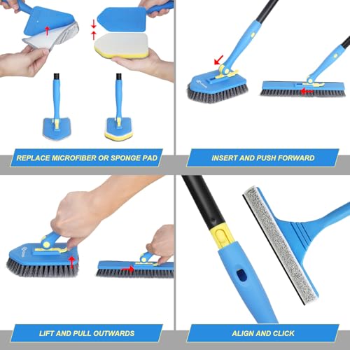 Image of Tile Tub Scrubber Brush with 5 Different Function Cleaning Heads and 51 inch Extendable Long Handle Non Scratch Shower Scrubber for Cleaning Bathroom Kitchen Toilet Wall Bathtub