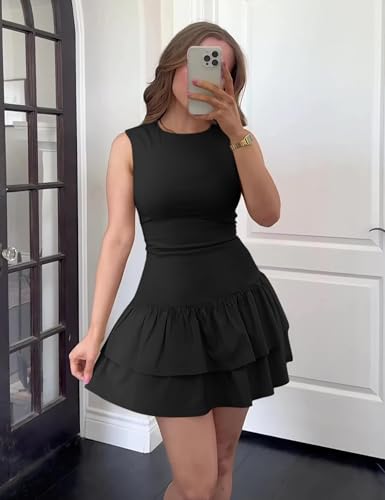 GOKATOSAU Women's Summer Round Neck Cap Sleeve Bodycon Tiered Ruffle Hem Mini Dress2