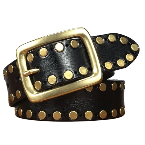 Mens Studded Belt, Punk Leather Casual Adjustable Rivet Cowhide Belt for Men with Brass Metal Pin Buckle,Black,120CM/47.3''