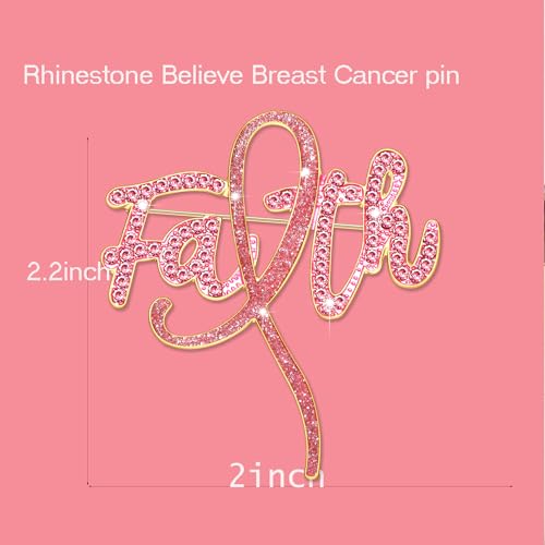 Image of Breast Cancer Awareness Pink Rhinestone Ribbon Pin - Faith Believe Women's Brooch, Survivor Lapel Pin for Cancer Month - Merchandise Accessories Decor