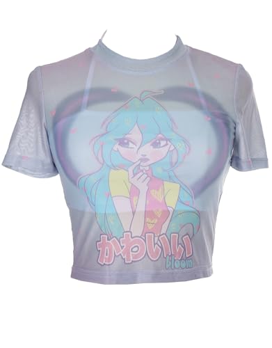 Winx Club Women's Crop Top Crew Neck Casual T-Shirt Bloom Print Blue T-Shirt Paired with a White Camisole