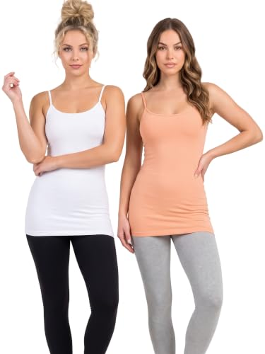 Image of Women's Long Cotton Camisole Spaghetti Strap Tank Top | 95% Cotton 5% Spandex Longline Basic Cami Undershirt with Adjustable Straps