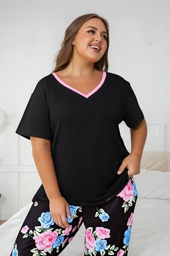 Image of Vozanet Women's Pajama Sets Short Sleeve with Long Pant Soft Sleepwear Printed pj Loungewear With TWO Pockets Size 1X to 5X