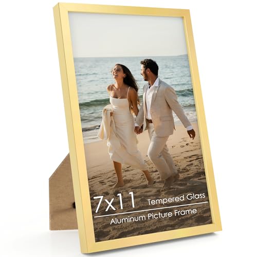 FLYJOE 7x11 Metal Picture Frame - Gold Aluminum Picture Frames with Real Glass, Wall Mounting Horizontally or Vertically, Simple and Elegant Decor for Wall Gallery Poster Photo 11x7 Frame, Gold