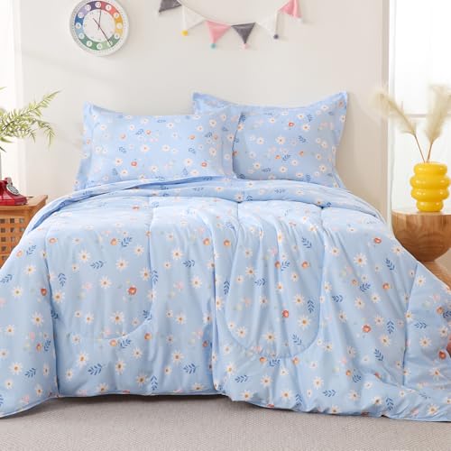 Image of Yibeizi Blue Floral Comforter Set for Girls Kids Twin Size Bedding