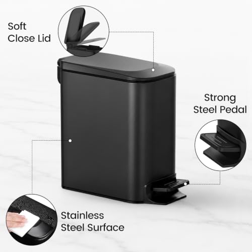 Image of TIPGO Small Bathroom Trash Can with Lid, 1.6 Gal, Soft Close, Matte Black | Stainless Steel, 5.9'' Slim for Narrow Space, Foot Pedal, Soft Quiet Lid, Anti-fingerprint, Removable Inner Bucket, Odor Seal