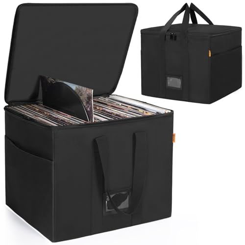OUUTMEE Caja de almacenamiento de vinilo con cremalleras, Negro , XL 43 x 34 x 34 CM, Maletín de placas