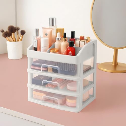 ALOXE Makeup Organisers & Storage Box | Space Saving Makeup Organizer Stand for Dressing Table & Skincare Storage (3-Tier White)