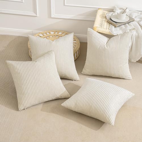 Image of MIULEE Boho Farmhouse Throw Pillow Covers 18x18 Inch Set of 4 Mordern Nordic Cushion Covers Soft Corduroy Spring Home Decor for Couch Bed Sofa Living Room Cream White