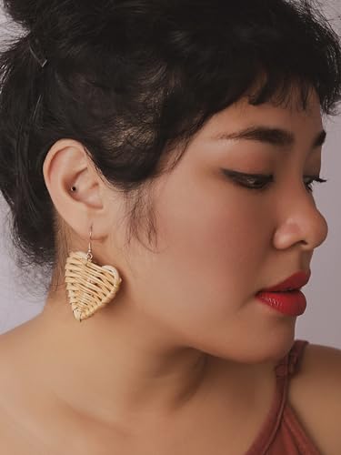 Image of MINACHI Boho Chic Handmade Rattan Wood Dangle Drop Earrings for Women, Bohemian Summer Beach Statement Jewelry Gift for Women
