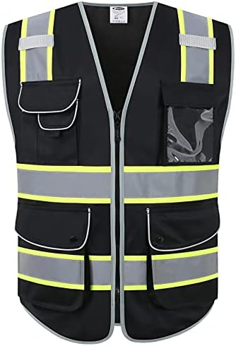 JKSafety 9 Pockets Hi-Vis Black Color Zipper Front Safety Vest Fluorescent Yellow Strips outlining the Reflective Tapes ANSI/ISEA Class 1 (901-Black, Large)