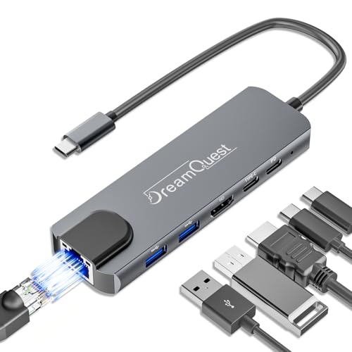 DreamQuest USB-C Hub 6-in-1 Docking Station mit 1000Mbps Netzwerkkarte 4K HDMI Port PD 100W USB 3.2 (5Gbps) für Desktop Laptop Xbox Flash Drive HDD Konsole Drucker PC Tastaturen HP Dell