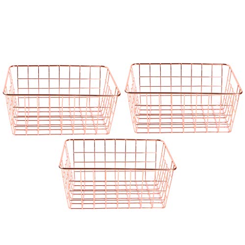 Fvstar 2pcs Wire Storage Basket Farmhouse Metal Household Container Storage Organizer Bin Divider with Handle for Pantry,Shelf,Countertop,Refrigerator,Freezer,Kitchen,Bathroom (Small, Rose Gold)