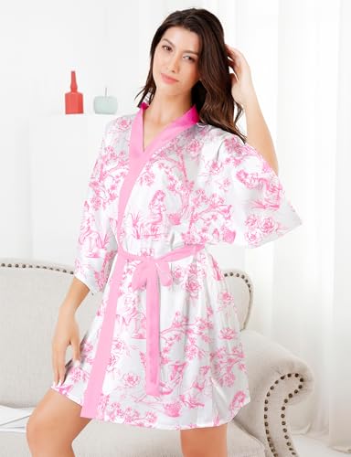 Image of EPLAZA Silk Robes for Women Satin Robe Short Sexy Print Flower Kimono Loungewear Wedding Bridal Party