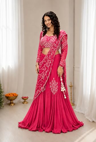 Image of Lehenga choli Womens And Girls Soft Crep Silk Saree With Full-Stitched Blouse With Embroidery Work Wedding navratri party letest