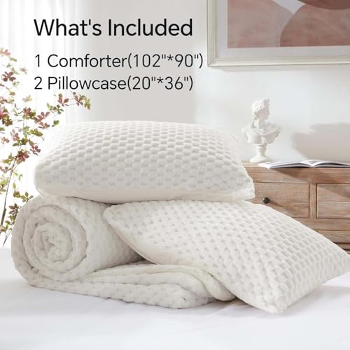 Image of BEDELITE Fluffy King Size Comforter Set - Cream White Fleece Soft Comforter for King Size Bed, Luxury Warm Bedding Set for Winter, Fuzzy Bed Set 3 Pieces (1 Comforter, 2 Pillowcases)
