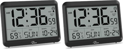 Image of WallarGe Atomic Digital Wall Clock Battery Operated, Self-Setting, Large Display with Temperature, Date, Day of The Week, Silent Wall Mount Digital Clock, 4 Time Zones, DST (Pack of 2)