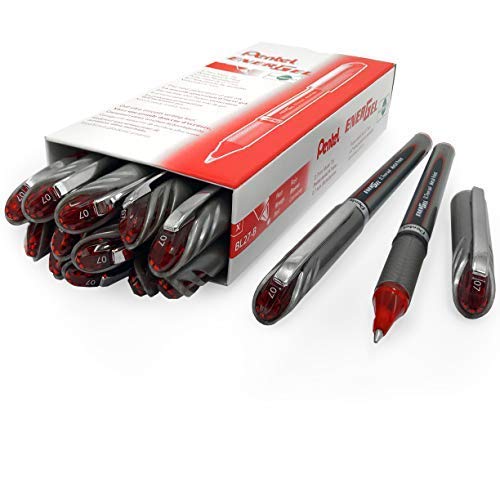Pentel Energel BL27 Liquid Gel Ink Rollerball Pen - 0.7mm Metal Tip - Red Ink - Pack of 12 + 2