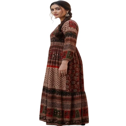 Image of Women's Cotton Dress Jaipuri Sanganeri Print Midi Long Dress Printed Fit and Flare Maxi Dress A-Line Gown Dress Maxi Skirt, Mandala (Free Size)