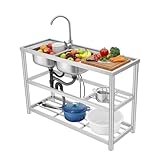 Gastrospüle Freistehendes Spülenset Edelstahlspüle Spültisch 2 Becken Waschbecken mit Ablaufgarnitur Maximale Belastung 100 kg Silber 120x80cm