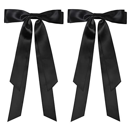 Large Satin Hair Bows 2Pcs Hair Ribbons For Women Ceelgon Big Long Black Ballet Style Hair Bows French Barrette Vintage Accessories For Girls-Black #TOP6