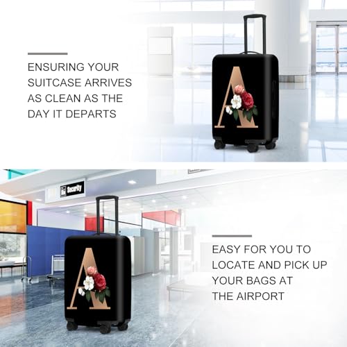 Image of Floral A lphabet Luggage Cover Set, Vintage Letter Print Waterproof Suitcase Protector, Travel Accessories for Women Men