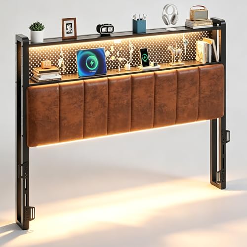 Image of VINGLI Full Size Headboard for Bed with 2 Tier Storage Shelves, Faux PU Leather Upholstered Head Board with Charging Stations,LED Light and Pegboard,Height Adjustable,Industrial Brown