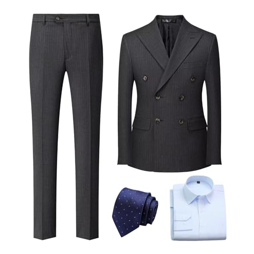 Men's Pinstripe Double Breasted Suit Set, Including Jacket, Pants, Light Blue Shirt and Blue Polka Dot Tie2