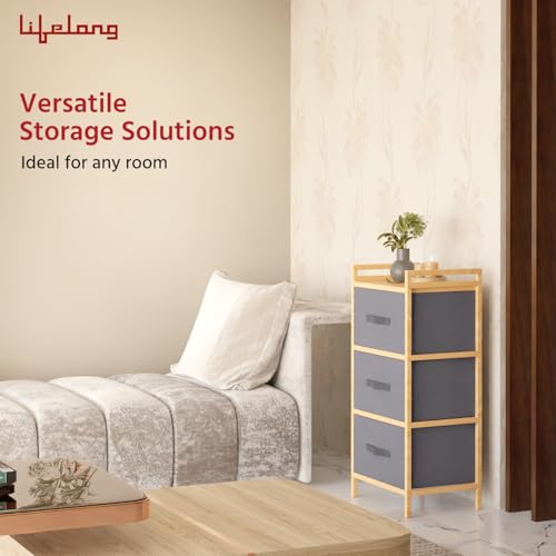 Image of Lifelong 3-Drawer Fabric Storage Organizer with Wooden Frame | Multipurpose Storage Unit for Bedroom, Living Room, Office & Kids' Room | Lightweight Drawers| Foldable Non-Woven Fabric Drawers | Grey
