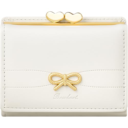 YINHEXI Small Bow Wallet for Women with RFID Blocking - Tri-fold PU Leather Card Holder, Coin Pocket & Heart ID Window, Cute Aesthetic Purse for Girls Teens (Bow White)