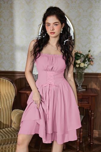 Image of Scarlet Darkness Corset Mini Sundress Chiffon Homecoming Dress for Women | Slim Straps, Ruched Neckline, Lace-Up Front, Layered A-Line, for Graduation Cocktail Party, Fairy Costume with Pockets